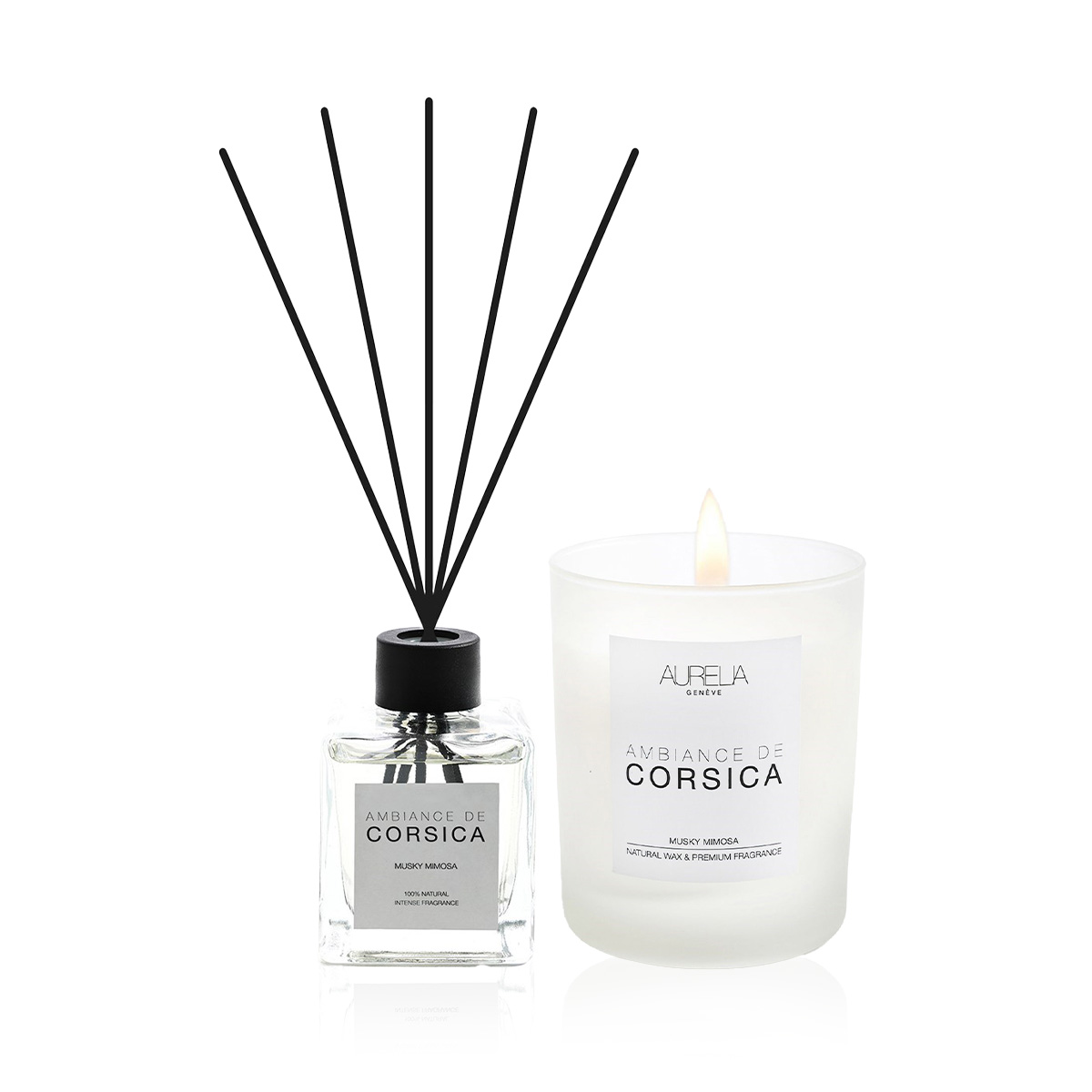 AURELIA GENÈVE HOME - CORSICA HOME ESSENTIAL SET - Mimoza ve Misk Kokulu Mum & Çubuklu Oda Kokusu Seti