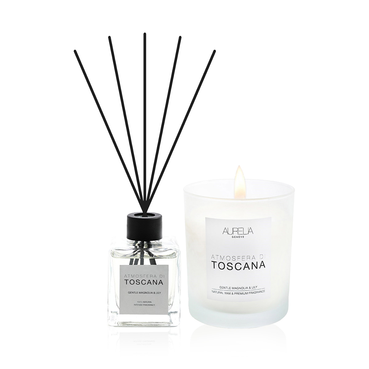 AURELIA GENÈVE HOME - TOSCANA HOME ESSENTIAL SET - Manolya ve Zambak Kokulu Mum & Çubuklu Oda Kokusu Seti