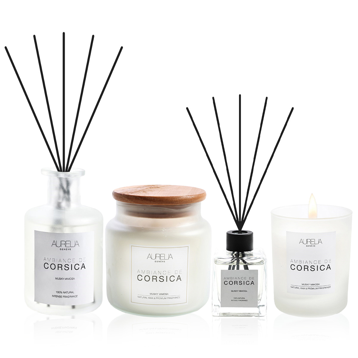 AURELIA GENÈVE HOME - CORSICA DELUXE HOME SCENT SET - Mimoza ve Misk Kokulu Dörtlü Mum & Çubuklu Oda Kokusu Seti