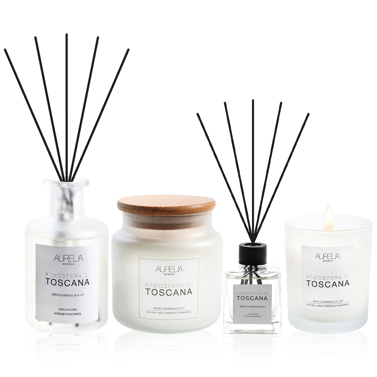 AURELIA GENÈVE HOME - TOSCANA DELUXE HOME SCENT SET - Manolya ve Zambak Kokulu Dörtlü Mum & Çubuklu Oda Kokusu Seti