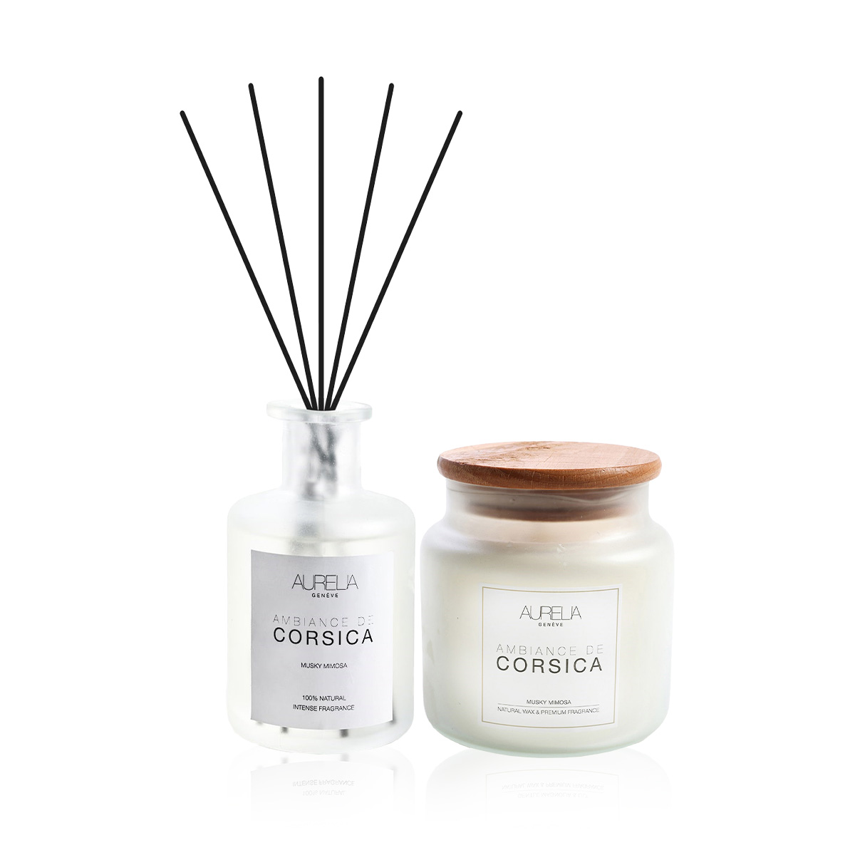 AURELIA GENÈVE HOME - CORSICA DELUXE HOME ESSENTIAL DUO - Mimoza ve Misk Kokulu Büyük Boy Mum & Çubuklu Oda Kokusu Seti
