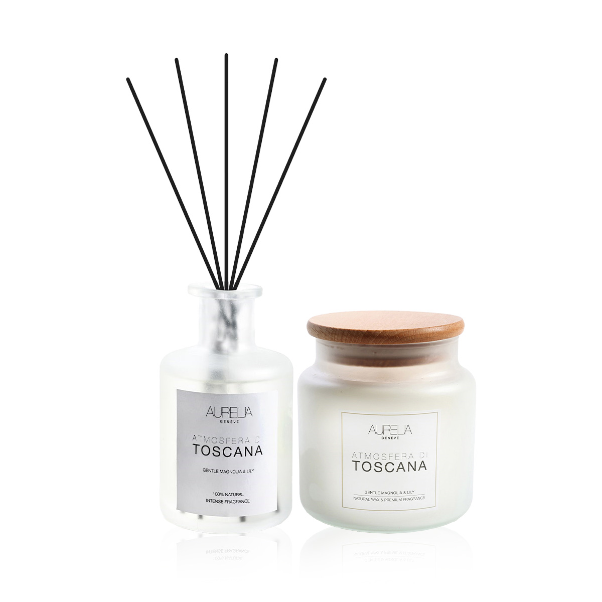 AURELIA GENÈVE HOME - TOSCANA DELUXE HOME ESSENTIAL DUO - Manolya ve Zambak Kokulu Büyük Boy Mum & Çubuklu Oda Kokusu Seti