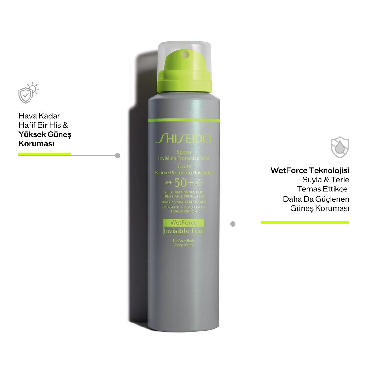 SHISEIDO - SPORTS INVISIBLE PROTECTIVE MIST SPF50+ - Suya, Tere Dayanıklı Transparan Güneş Koruyucu Sprey SPF50+ (Yüz ve Vücut)