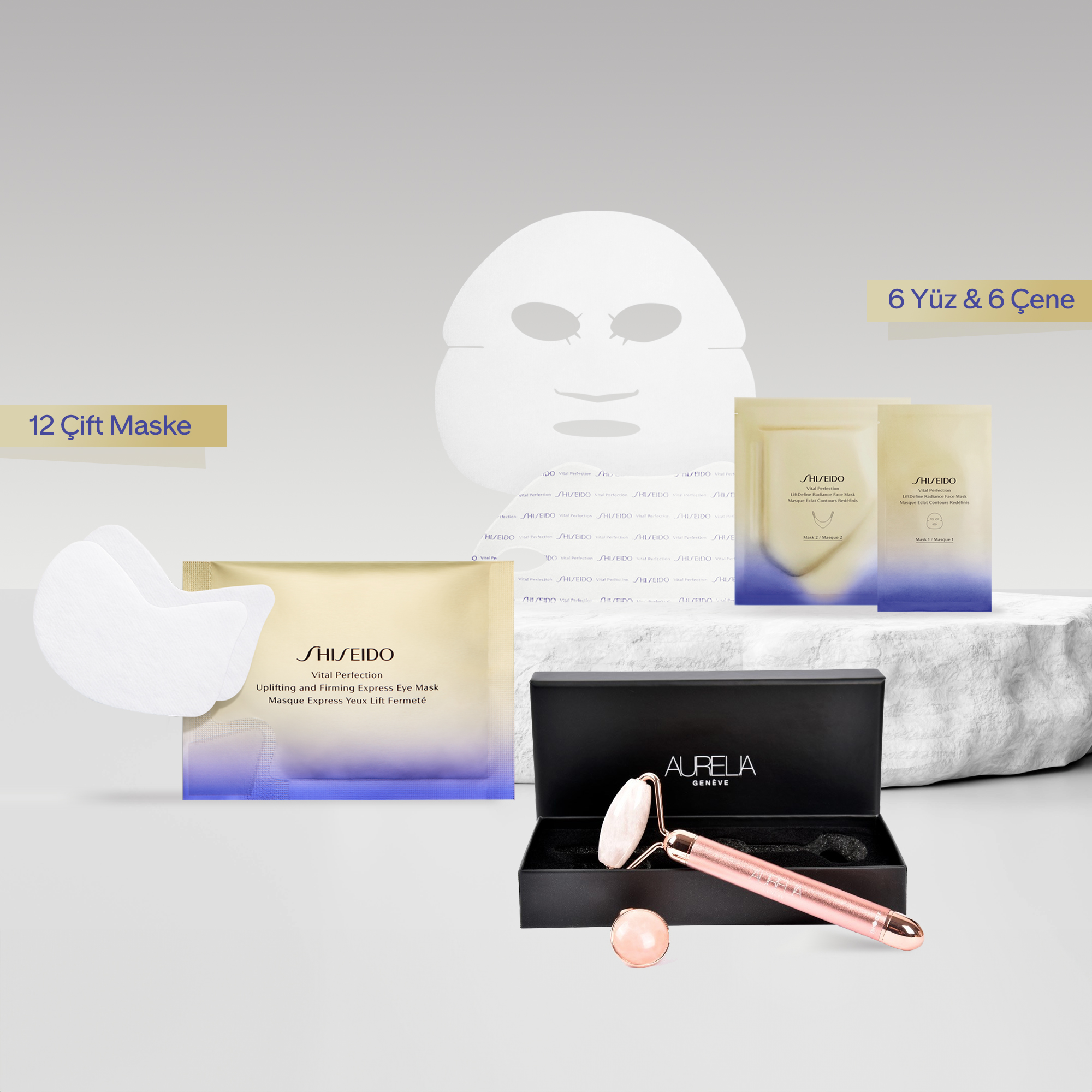 SHISEIDO - FULL FACE GLOW MASSAGE SET - Yüz ve Göz İçin Retinol İçeren Maske & & Lifting Etkisi Veren Roller Seti
