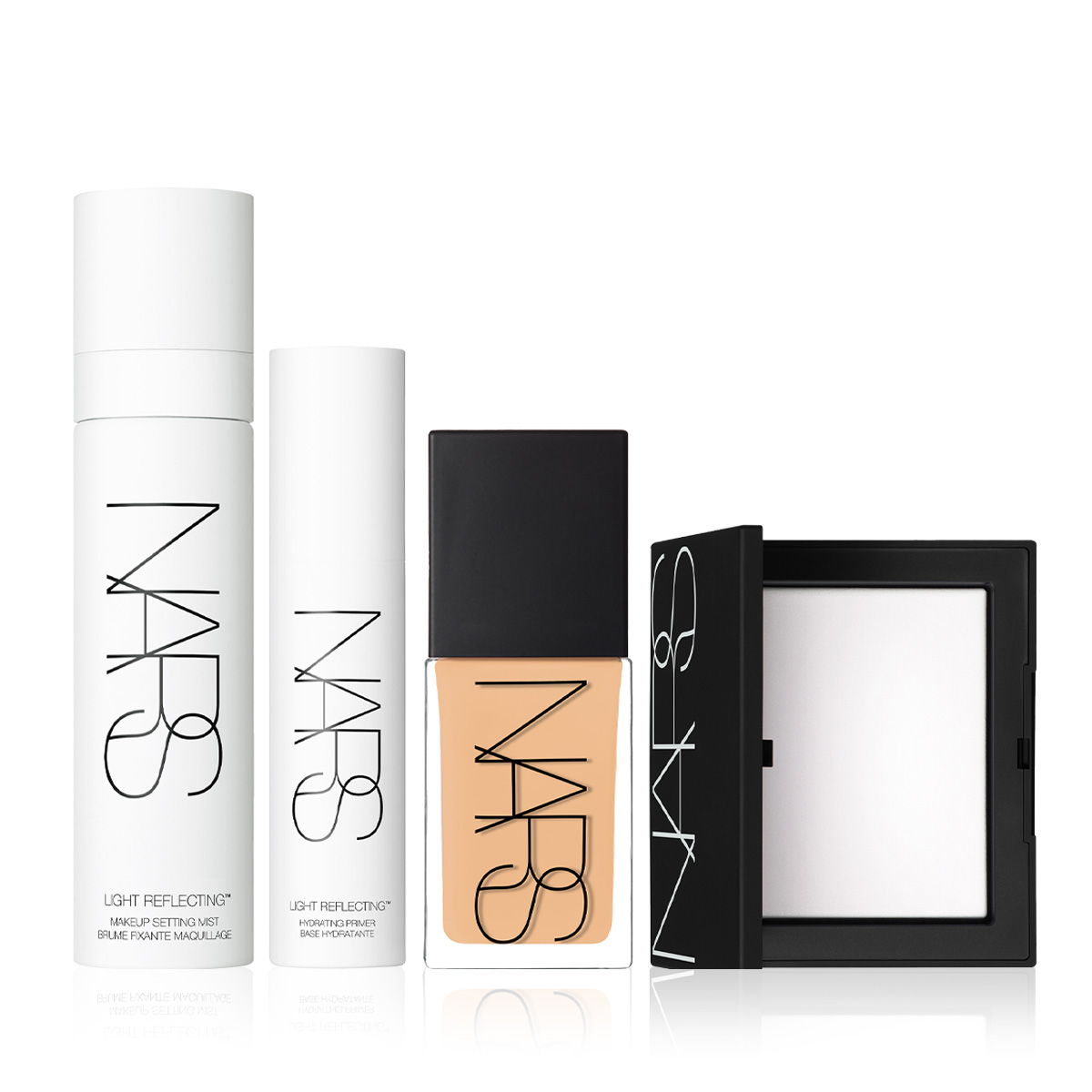 NARS - LIGHT REFLECTING SMOOTH FINISH SKIN BUNDLE - Cildi Pürüzsüzleştiren, Aydınlatan, Makyajın Kalıcılığını Artıran Fondöten& Primer & Mist & Pudra Seti