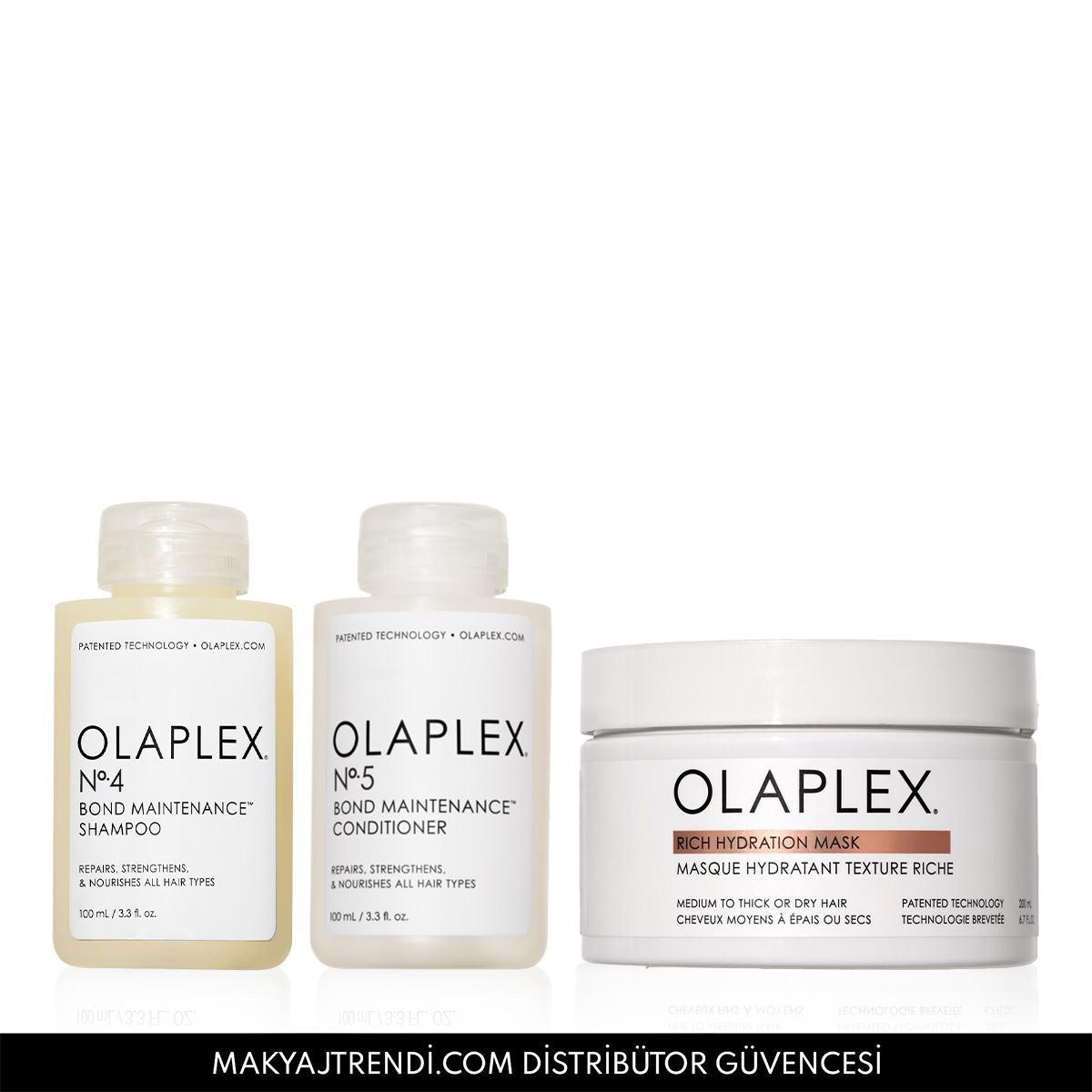OLAPLEX - CLEANSE & MOISTURE & NOURISH TRIO - Kalın Telli Saçlar İçin Bağ Güçlendirici Şampuan, Saç Kremi ve Maske Seti