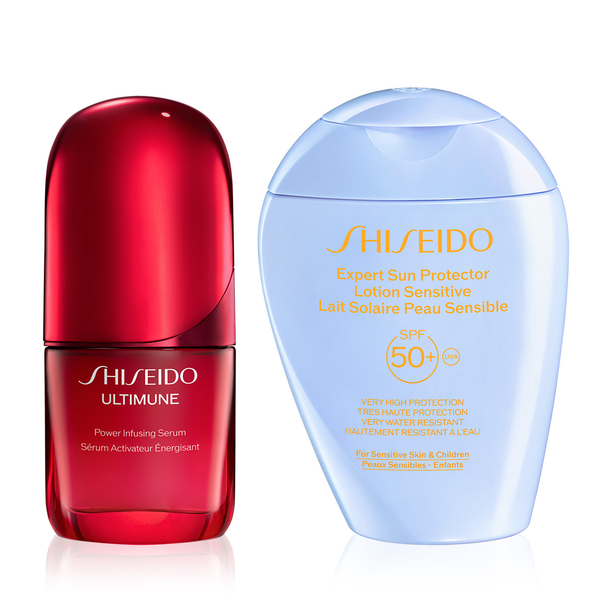SHISEIDO - SUN DEFENSE & RENEW SET - Yaşlanmayı Yavaşlatan Serum & Hassas Ciltler ve Çocuklar İçin SPF50+Güneş Koruyucu Losyon Seti 