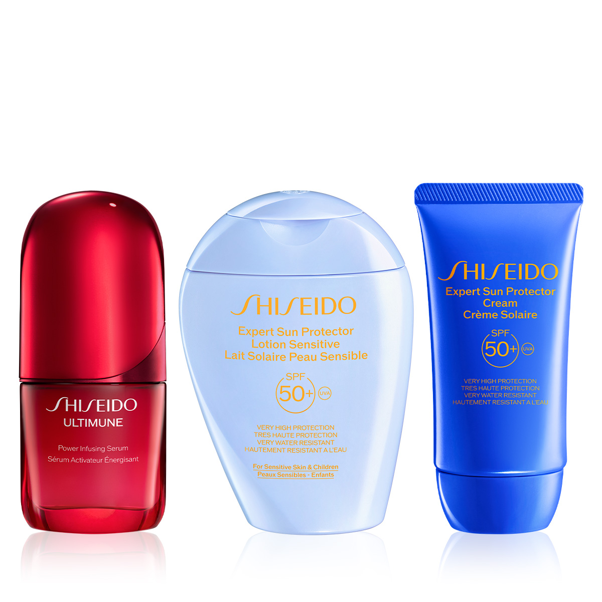 SHISEIDO - SUN DEFENSE & STRENGTH SET - Yaşlanmayı Yavaşlatan Serum, Cilt Bakım İçerikli Güneş Koruyucu Krem & Hassas Ciltler İçin SPF50+ Güneş Koruyucu Losyon Seti 