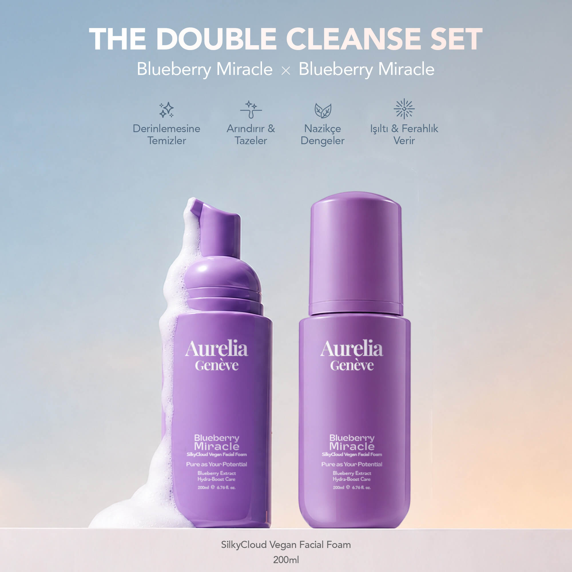 AURELIA GENÈVE - THE DOUBLE CLEANSE - BLUEBERRY x BLUEBERRY SET - İkili Nemlendirici Vegan Yüz Temizleme Köpüğü Seti