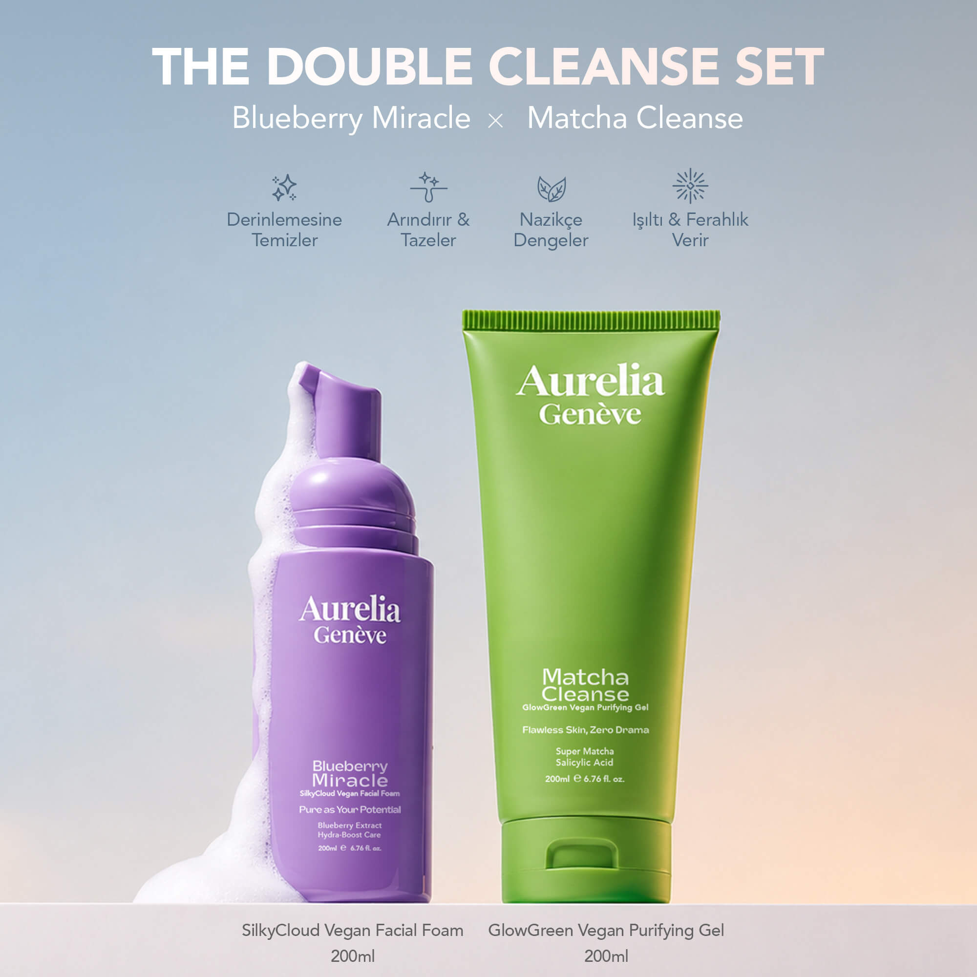 AURELIA GENÈVE - THE DOUBLE CLEANSE - MATCHA x BLUEBERRY SET - Arındırıcı & Nemlendirici İkili Cilt Temizleme Seti