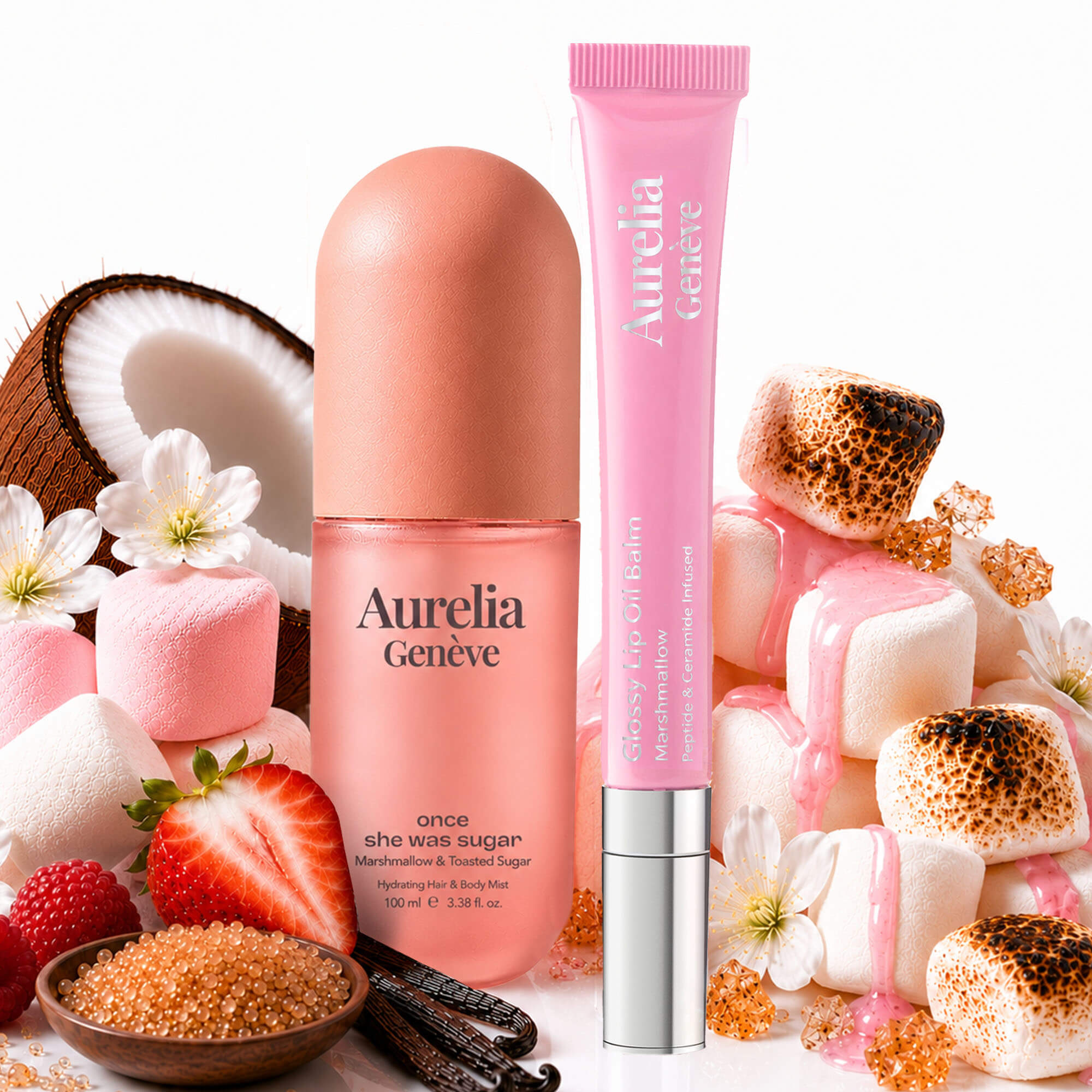 AURELIA GENÈVE - WEAR YOUR SWEET OBSESSION - Peptit & Seramid İçeren Nemlendirici Soft Pembe Lip Balm & Marshmallow ve Karamelize Şeker Kokulu Saç & Vücut Misti