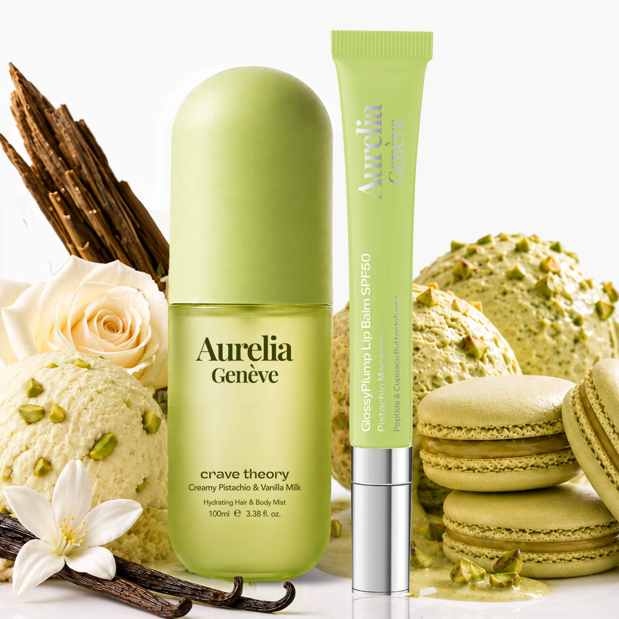 AURELIA GENÈVE - WEAR YOUR CREAMY GLOW - Güneşten Koruyucu & Dolgunlaştırıcı Etkili Altın Işıltılı Şeffaf Lip Balm & Kremsi Fıstık ve Sütlü Vanilya Kokulu Saç & Vücut Misti