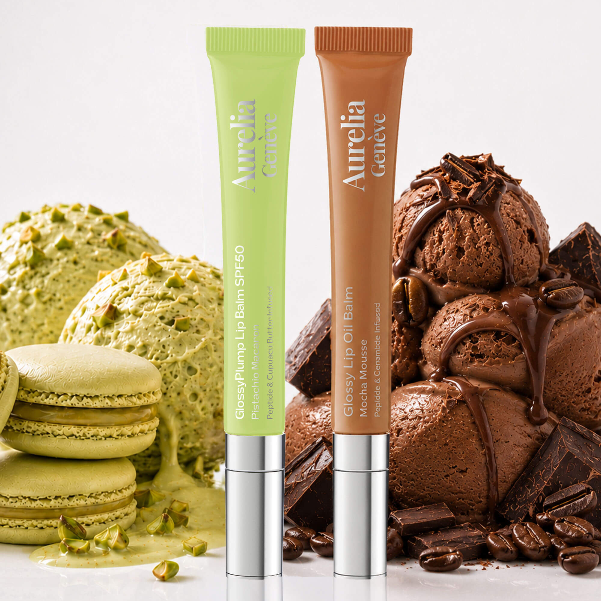 AURELIA GENÈVE - GLOWY BOLD LIPS DUO - Güneşten Koruyucu & Dolgunlaştırıcı, Nemlendirici Etkili İkili Lip Balm Seti ( Soft Kahve & Altın Işıltılı Şeffaf)
