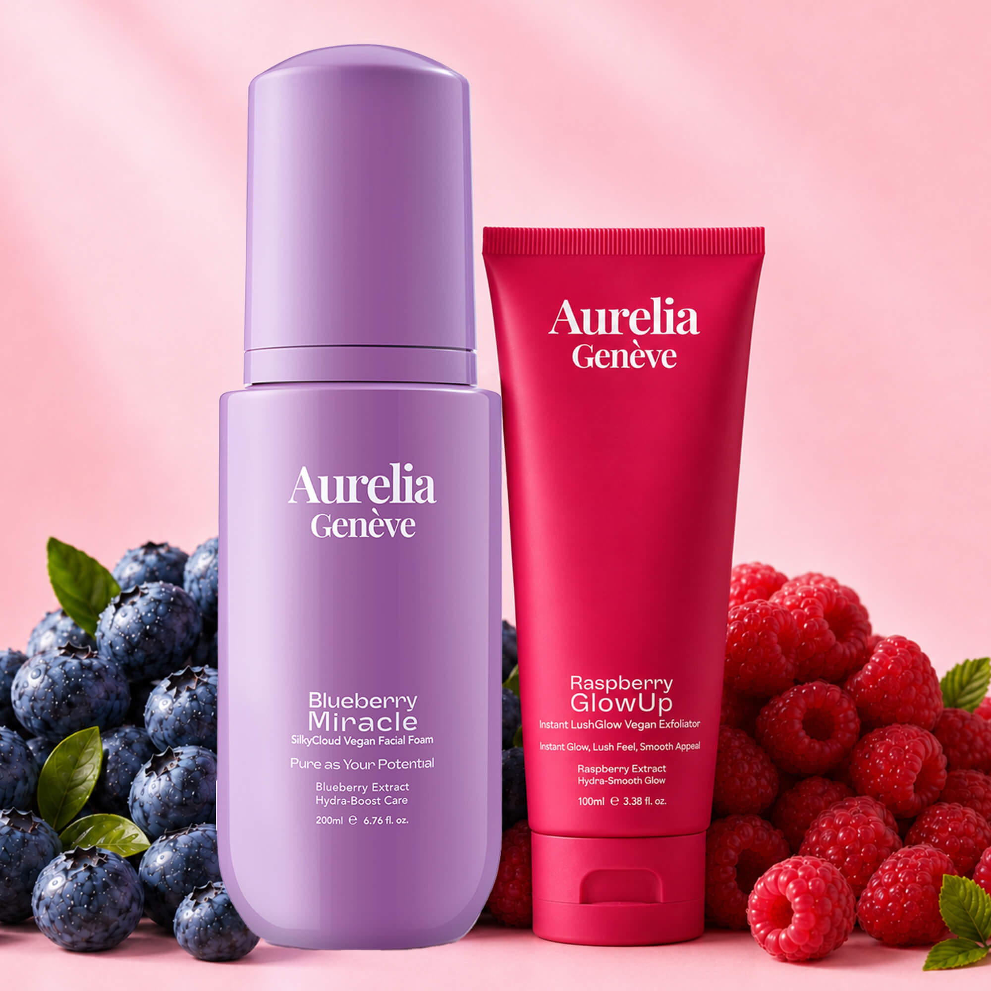 AURELIA GENÈVE - DOUBLE BERRY GLASS SKIN SET - Nemlendirici Vegan Yüz Temizleme Köpüğü & Işıltı Kazandıran Vegan Peeling Seti