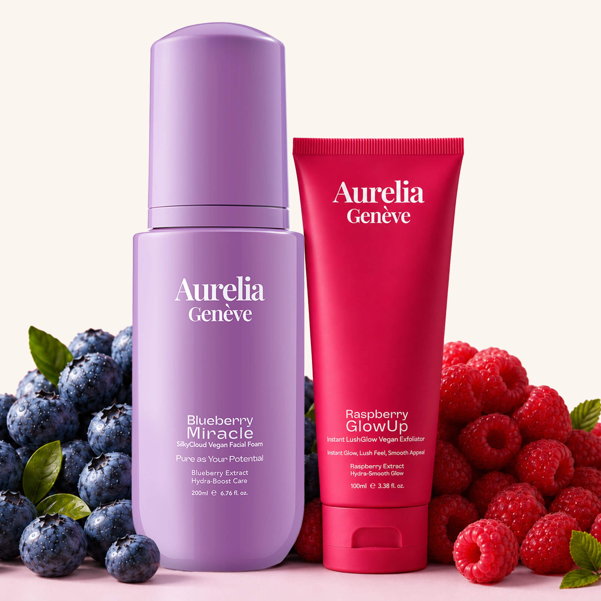 AURELIA GENÈVE - DOUBLE BERRY GLASS SKIN SET - Nemlendirici Vegan Yüz Temizleme Köpüğü & Işıltı Kazandıran Vegan Peeling Seti