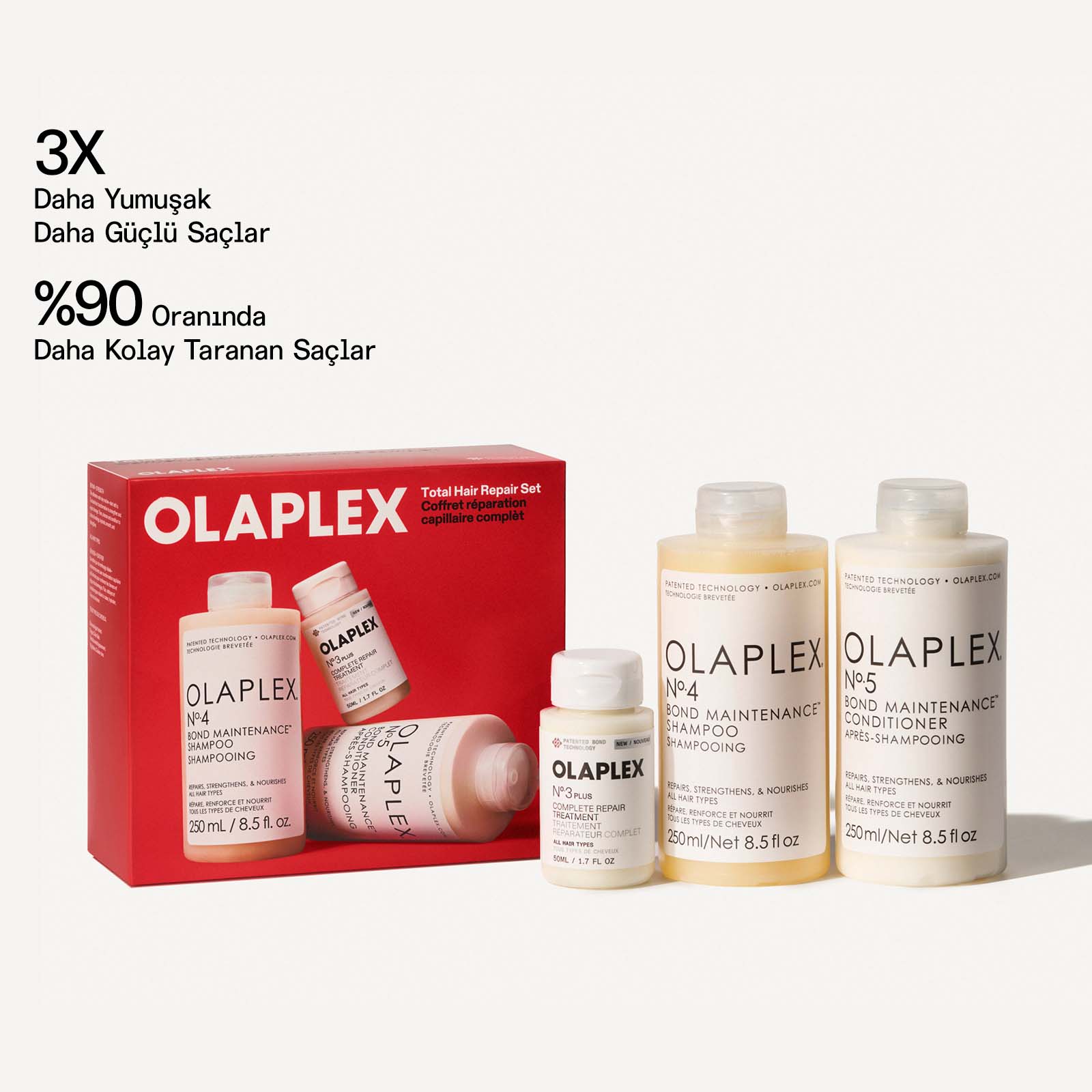 OLAPLEX - TOTAL HAIR REPAIR SET - Bağ Güçlendirici & Anında Yoğun Onarıcı Üçlü Bakım Seti